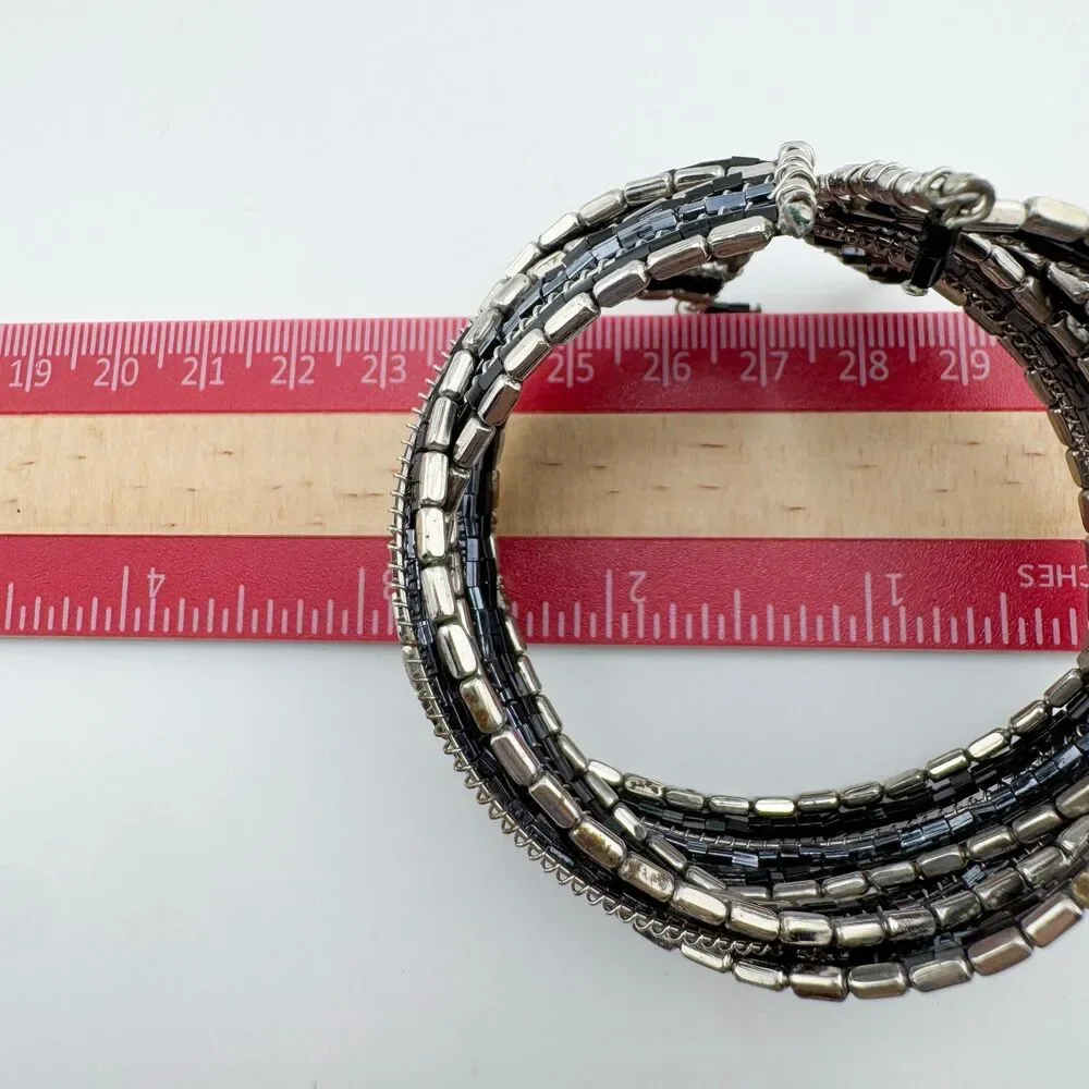Vintage Wide Multi-Strand Cuff Stretch Black Silver Tone Bead Chain Statement